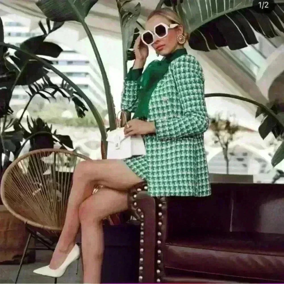 Blogger Favorite Green Zara Woven Textured Double Breasted Tweed Blazer Size S - Picture 4 of 13